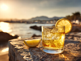 Refreshing cocktail with lemon served by the seaside at sunset.