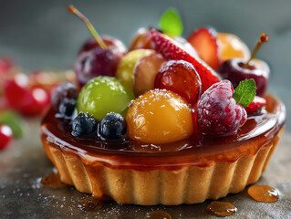 Delicious fruit tart topped with fresh berries and glistening glaze.