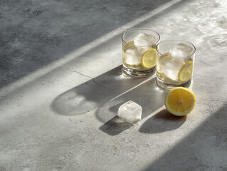 Refreshing iced lemon drink in stylish glasses with shadows.