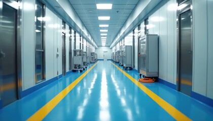 Fototapeta premium Cleanroom corridor with blue flooring, yellow safety lines. Stainless steel equipment lines hallway. Bright overhead lights illuminate sterile, organized environment. Ideal for pharmaceutical