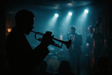Electric blue stage lights silhouette a passionate trumpet player and jazz band in a smoky vintage club captured from the crowd during a live show