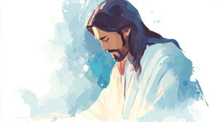 Artistic watercolor painting of a man in white robe with long dark hair and beard meditating peacefully.