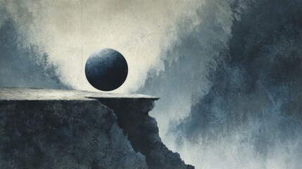 Surreal dark landscape with floating sphere on cliff edge dramatic moody scene.
