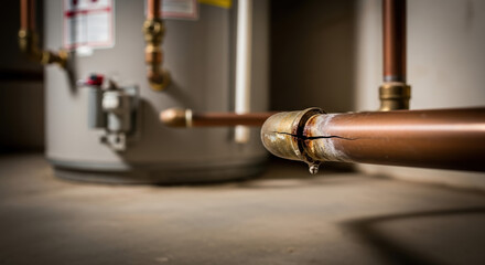 Leaking pipe with a water drop ready to fall, closeup showing copper pipe. Damaged water pipe needs repair or replacement after suffering corrosion and wear.