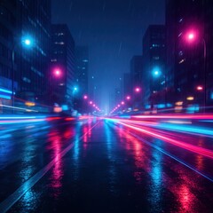Obraz premium Futuristic neon long exposure light streams weaving through rainy city streets with motion blur and reflections creating abstract speed energy background
