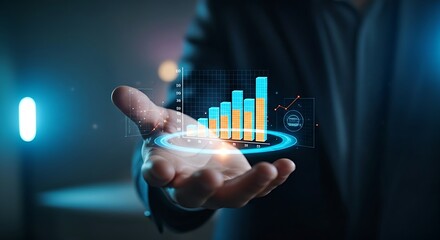 Interactive 3D data report. A hand rotates a three-dimensional holographic bar chart to analyze business data from different perspectives.