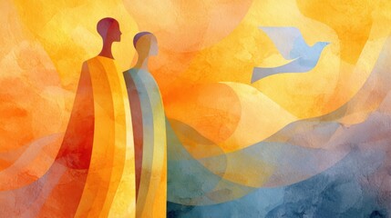 Abstract watercolor illustration of two stylized people walking on a vibrant colorful path.