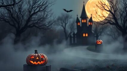 Eerie Halloween Night Sky with Pumpkins, Bats.