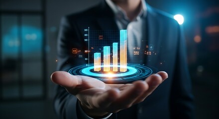 Interactive 3D data report. A hand rotates a three-dimensional holographic bar chart to analyze business data from different perspectives.