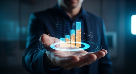 Interactive 3D data report. A hand rotates a three-dimensional holographic bar chart to analyze business data from different perspectives.