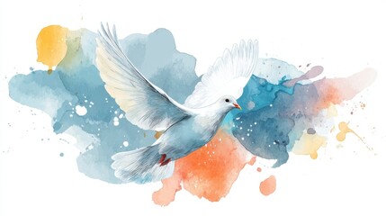 Peaceful White Dove Flying Over Colorful Abstract Watercolor Background.