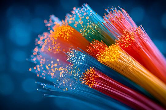 Vibrant fiber optic cables emitting colorful light streaks in a high-tech setting