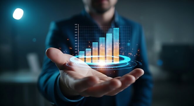 Interactive 3D data report. A hand rotates a three-dimensional holographic bar chart to analyze business data from different perspectives. - Powered by Adobe