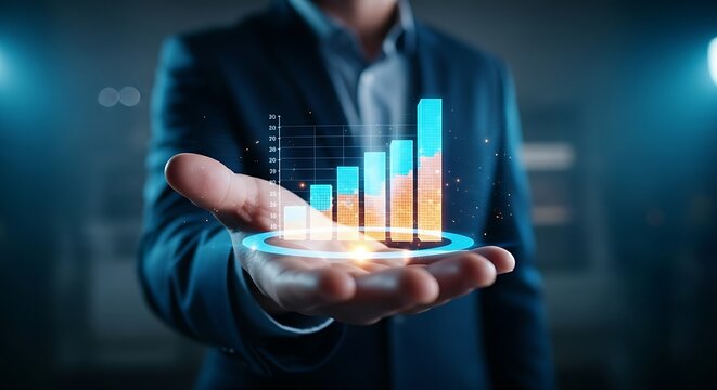 Interactive 3D data report. A hand rotates a three-dimensional holographic bar chart to analyze business data from different perspectives.