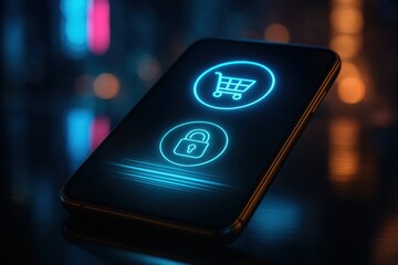 Seamless mobile checkout with holographic shopping cart and biometric security glowing fintech interface over smartphone reflecting city lights at night