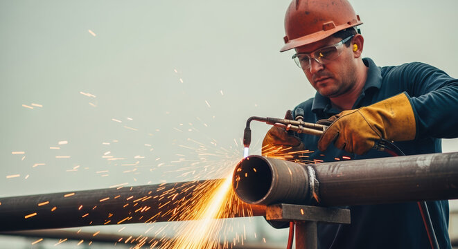 Metal worker using cutting torch to cut metal pipe, with bright sparks flying, wearing safety gear. Metal worker demonstrates cutting process in construction site.