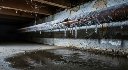Frozen pipe shows cracked metal and icicles after water damage. Frozen pipe shows extent of damage to plumbing, dripping with frozen water and showing need for immediate repair.
