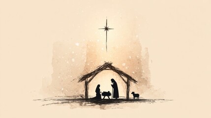 Simple hand-drawn nativity scene with stable, wise men, shepherds and star.