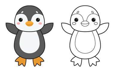 Cute cartoon penguin. Colouring page. Isolated white background. Vector illustration
