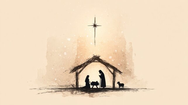 Simple hand-drawn nativity scene with stable, wise men, shepherds and star.