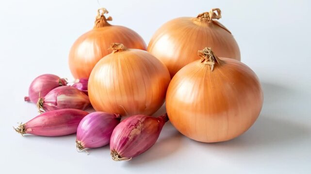 Still Life Arrangement of Golden Brown Onions and Red Shallots on a Clean White Background Illuminating Natural Organic Food Ingredients