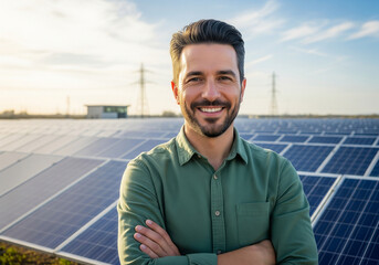 Fototapeta premium Smiling man with solar panels, green energy, renewable resources, electricity, clean power, sustainability, ecological development, alternative energy.