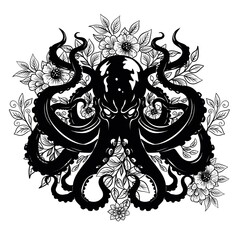 Intricate octopus design surrounded by floral elements in black and white style