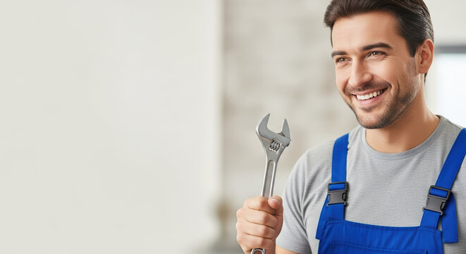Happy smiling handyman holding adjustable wrench. Professional repairman in blue overalls ready for work.  Smiling handyman image perfect for advertising home repair services. - Powered by Adobe