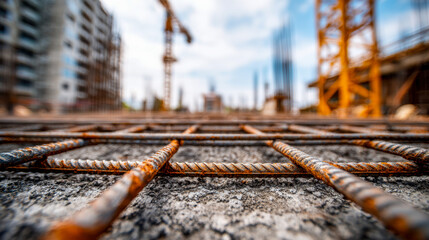 Close-up of rusted steel reinforcement bars laid on concrete surface at building construction site with cranes and structures blurred in background on sunny day