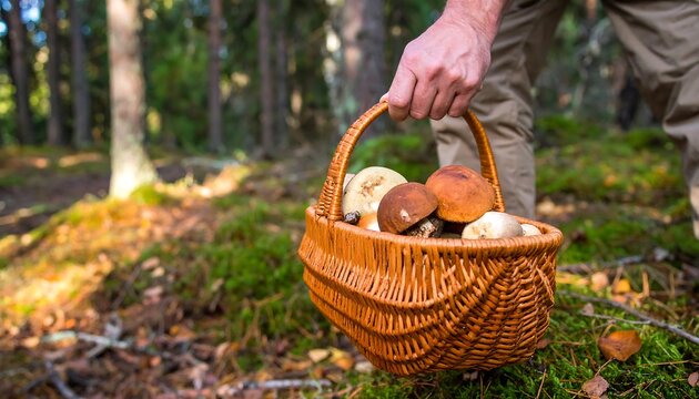 Person holding a wicker basket of mushrooms in a forest