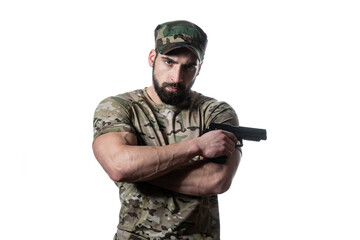 Fototapeta premium Military Man Holding Gun Isolated on White Background