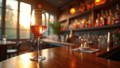 Glass of rose wine sits on luxurious restaurant bar counter during sunset. Amber sunlight streams through large windows, illuminating beverage, creating warm ambiance. Shelves behind bar display