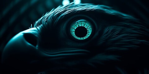 A dark, high-resolution close-up of a majestic bird's head with a piercing, glowing blue eye, creating an intense and futuristic portrait.