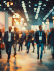 Blurred crowd of people walking through a brightly lit indoor event space, showcasing motion and activity in a bustling conference or trade show environment