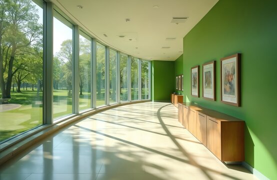 Modern building interior features curved hallway with large windows overlooking rich green park. Bright, light-filled space green walls adorned with framed art, wooden cabinets, suggesting
