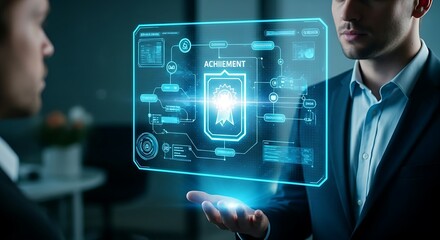 Training gamification concept. An employee completes a training module on a holographic interface and receives a glowing digital badge for their achievement.