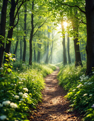 Obraz premium Forest pathway surrounded by lush green trees and sunlight creating tranquil natural scenery