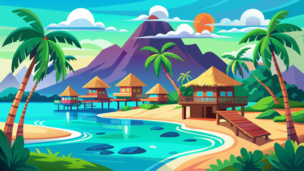 Obraz premium Bora Bora Beach in French Polynesia, turquoise lagoon with overwater bungalows, palm trees, and coral reefs under tropical sunshine