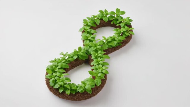 Infinity symbol made of soil with green leaves growing representing growth sustainability nature fresh eco concept symbolizing endless natural growth