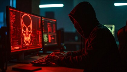 A hooded figure using a computer with skull icon, representing cybercrime, dark theme. The monitor display data which show cyber security issue