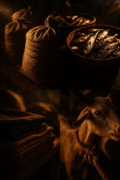 Traditional Barter System with Grains, Fish, Cloth and Goat