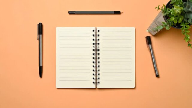Minimalist Workspace Flat Lay with Notepad on Orange Surface with Pen Marker and Plant in Top View