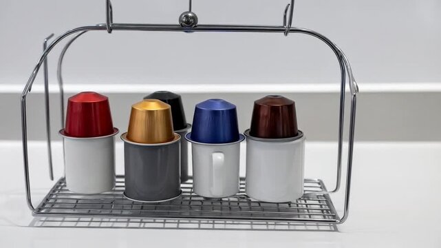 Arrangement of Colorful Coffee Pods in Metal Holder on White Countertop in Bright Studio Lighting Coffee Culture Concept
