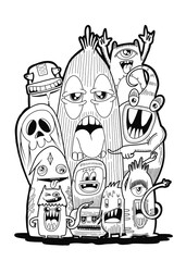 Hand-drawn illustrations, monsters doodle, Hand Drawn cartoon monster illustration,Cartoon crowd doodle hand-drawn Doodle style.black and white stripes coloring  book.