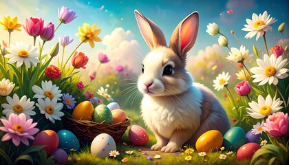 Adorable bunny amidst vibrant spring blooms and colorful eggs