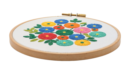 Colorful embroidery hoop with floral pattern on white background, artistic concept
