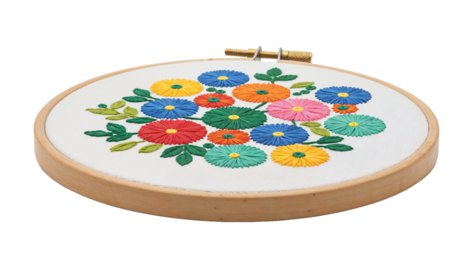 Colorful embroidery hoop with floral pattern on white background, artistic concept