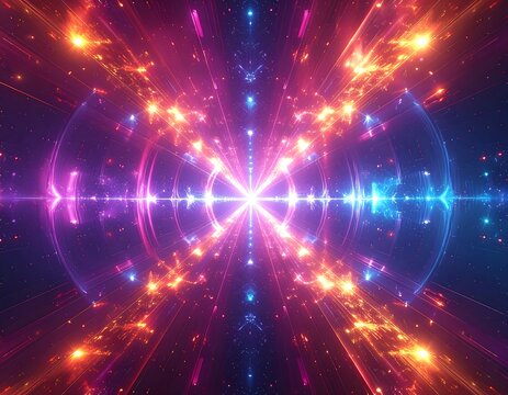 Abstract vibrant light rays converge in a symmetrical pattern