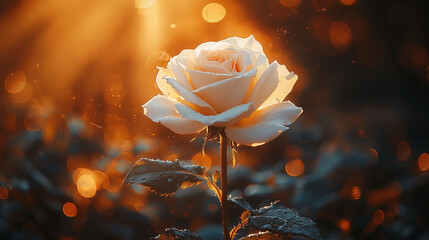 White rose glowing in golden sunset light with bokeh effect