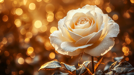 Single white rose blooming in golden bokeh background
